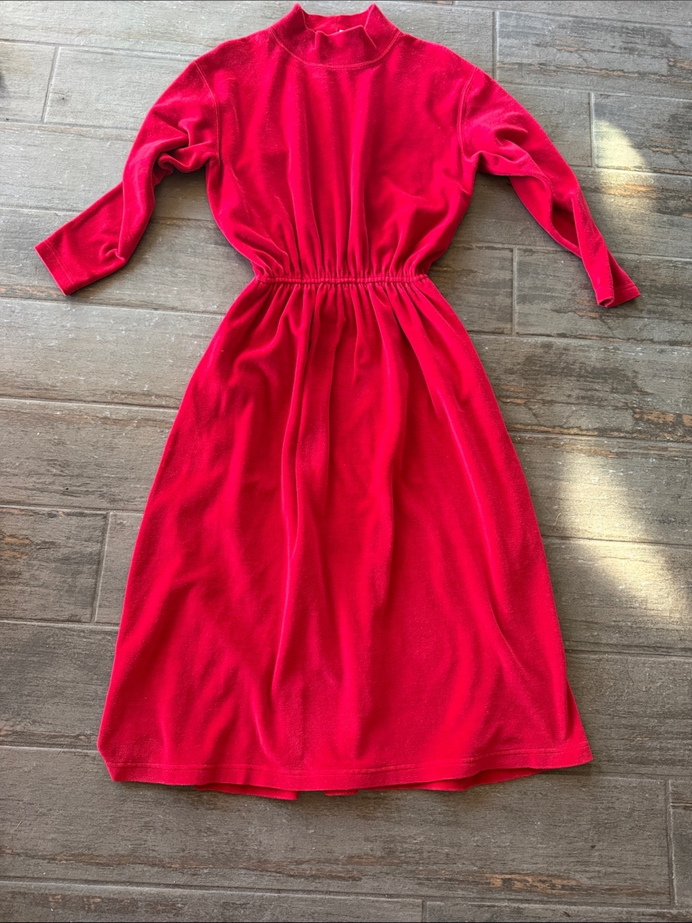L.L. Bean Bright Red Long Sleeve Midi Dress with Elastic Waist